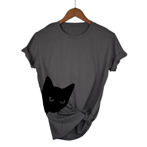 Dark Gray t-shirt with a black cat graphic on a hanger against a white background  - JBCoolCats