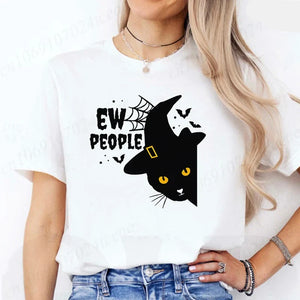 Person wearing a white t-shirt with a black cat graphic and 'EW PEOPLE' Witchy Catitude ‘Ew People’ Tee - Orange - JBCoolCatst