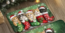 Load image into Gallery viewer, Christmas-themed doormat with cats in stockings design  Paws &amp; Stockings Christmas Cat Mat - Standard Size- JBCoolCats