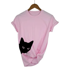 Load image into Gallery viewer, Pink t-shirt with a cat graphic on a hanger against a white background  - JBCoolCats