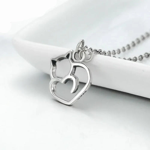 Silver necklace with a heart-shaped pendant Silver Kitty Heart Necklace - Jewelry - JBCoolCats