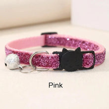 Load image into Gallery viewer, Pink glittery cat collar with a black cat-shaped buckle and silver bell on a beige background. Sequin Cat Collar with Bell  - Pink - JBCoolCats
