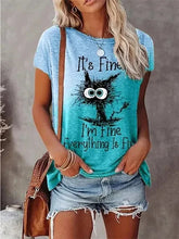Load image into Gallery viewer, Person wearing a blue t-shirt with a graphic and text, standing against a neutral background. I’m Fine… Totally Feline Tee - Clothing - JBCoolCats