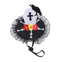 Load image into Gallery viewer, Halloween-themed Pet hat with skull, flowers, and raven - JBCoolCats