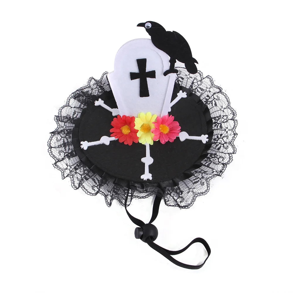 Halloween-themed Pet hat with skull, flowers, and raven - JBCoolCats