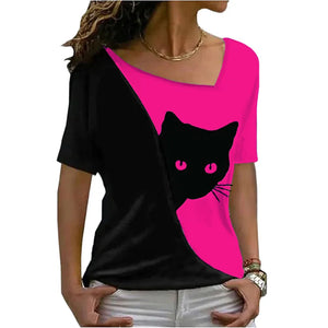 Vibrant Casual Funny Cat T-Shirt - Hot Pink & Black - JBCoolCats