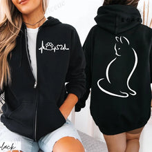 Load image into Gallery viewer, Black hoodie with a cat design on the back, Meowgic Lineup Cat Hoodie - Black Panther – Tail Talker – JBCoolCats
