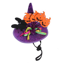 Load image into Gallery viewer, Halloween-themed dog muzzle with purple base, orange jack-o&#39;-lanterns, and decorative elements - JBCoolCats