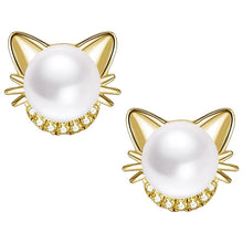 Load image into Gallery viewer, Gold cat-shaped earrings Cute Kitty Simulated Pearl Stud Earrings - JBCoolCats