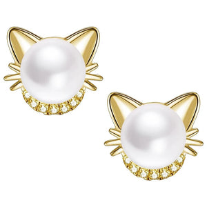 Gold cat-shaped earrings Cute Kitty Simulated Pearl Stud Earrings - JBCoolCats
