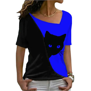 Vibrant Casual Funny Cat T-Shirt - Royal Blue & Black - JBCoolCats