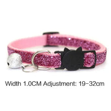 Load image into Gallery viewer, Pink glittery cat collar with black cat-shaped buckle and silver bell on a white background. Sequin Cat Collar with Bell  - Size - JBCoolCats
