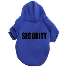 Load image into Gallery viewer, Blue pet hoodie with &#39;SECURITY&#39; printed on the back - JBCoolCats