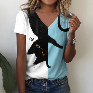 Woman wearing a two-tone shirt with an upside down black cat design, and shown in different colors - Flip the Cat T-Shirt - Frosted Whisker - JBCoolCats