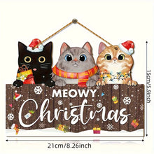 Load image into Gallery viewer, Decorative sign with cartoon cats wearing Christmas hats and scarves, with 'MEOWY Christmas' text. Meowy &amp; Bright Holiday Wall Sign – Size - JBCoolCats
