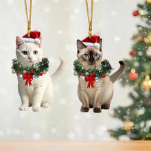 Load image into Gallery viewer, Two cat ornaments with Christmas decorations wearing a Christmas wreath and Santa hat. Feline Festivities Cat Ornaments – Christmas - JBCoolCats