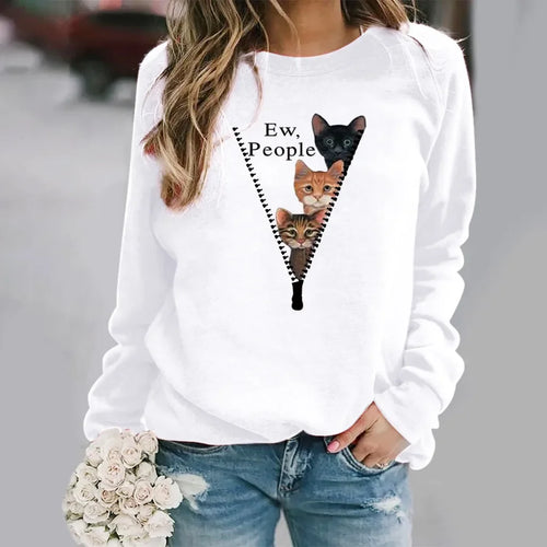White sweatshirt with cat graphic and text 'Ew, People' worn by a person. - Ew People 3-Cat Peekaboo Fleece | Clothing | JBCoolCats