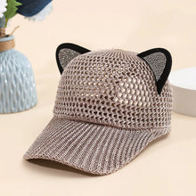Load image into Gallery viewer, Mesh cat ear baseball caps in warm sand  displayed on a light surface. Purrfect Breeze Cat‑Ear Cap – Purrlawn Sandstone - JBCoolCats