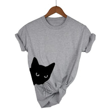 Load image into Gallery viewer, Gray t-shirt with a black cat graphic on a hanger against a white  background  - JBCoolCats