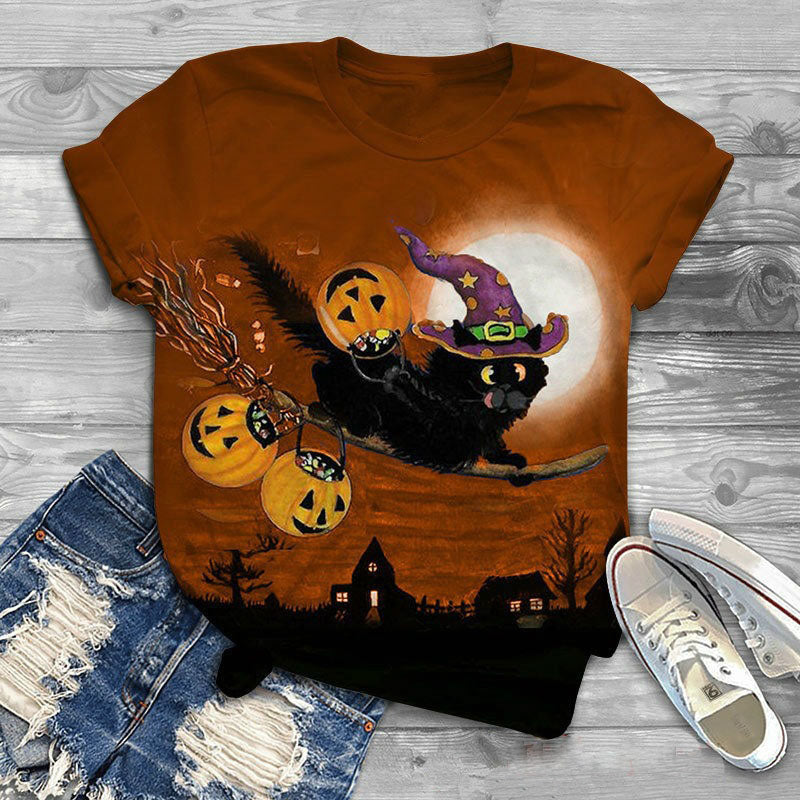 Halloween Cartoon Cats T Shirts - Cat Flying on a Broom - JBCoolCats