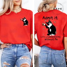 Load image into Gallery viewer, Red t-shirt with a cat graphic and text worn by a person, shown front and back. Paws &amp; Applause T-shirt - Firecracker Feline - JBCoolCats