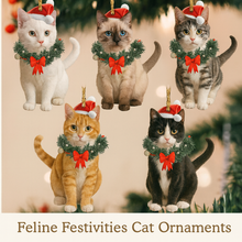 Load image into Gallery viewer, Five cat ornaments wearing Christmas hats and wreaths. Feline Festivities Cat Ornaments – Christmas - JBCoolCats