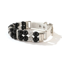 Load image into Gallery viewer, Black pearl bracelet with silver accents and Rhinestones - Midnight Meow -  White Leather - JBCoolCats