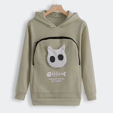 Load image into Gallery viewer, Beige hoodie with a cat face design and text on a white background. Snuggle‑Me Pet Pouch Hoodie - Purr‑fect Beige - JBCoolCats 