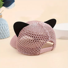Load image into Gallery viewer, Mesh cat ear baseball cap in pink showing back of ears displayed on a light surface. Purrfect Breeze Cat‑Ear Cap – back view  - JBCoolCats
