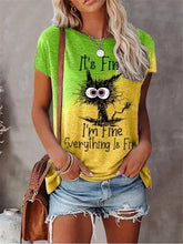 Load image into Gallery viewer, Person wearing a green and yellow t-shirt with a graphic design and text. I’m Fine… Totally Feline Tee - Clothing - JBCoolCats