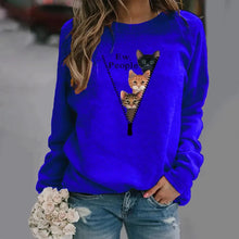 Load image into Gallery viewer, Person wearing a blue sweatshirt with cat illustrations and text - Ew People 3-Cat Peekaboo Fleece - Ocean Whiskers - JBCoolCats