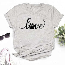 Load image into Gallery viewer, Gray t-shirt with &#39;love&#39; and paw print design,Cute Love Paw Print T Shirt - Whisker Whisper - JBCoolCats