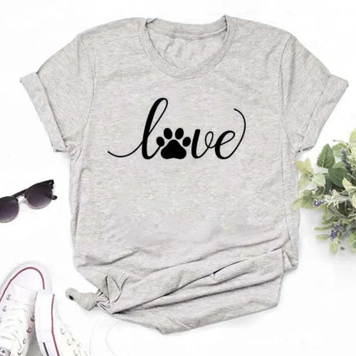 Gray t-shirt with 'love' and paw print design,Cute Love Paw Print T Shirt - Whisker Whisper - JBCoolCats