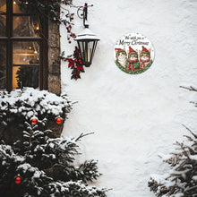 Load image into Gallery viewer, Decorative Christmas ornament with two cats in festive hats on a snowy outdoor scene. Meowy Christmas Aluminum Sign - Christmas - JBCoolCats