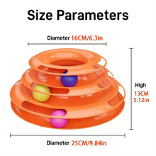 Load image into Gallery viewer, Orange three-level track toy with colorful balls, showing size parameters - Cat Toys - JBCoolCats