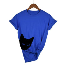Load image into Gallery viewer, Royal Blue t-shirt with a black cat graphic on a hanger against a white background  - JBCoolCats