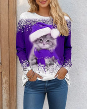 Load image into Gallery viewer, Person wearing a purple festive sweater with a cat  in Santa hat with snowflake trim. Santa Paws Cozy Chic Long Sleeve Shirt - Christmas - JBCoolCats