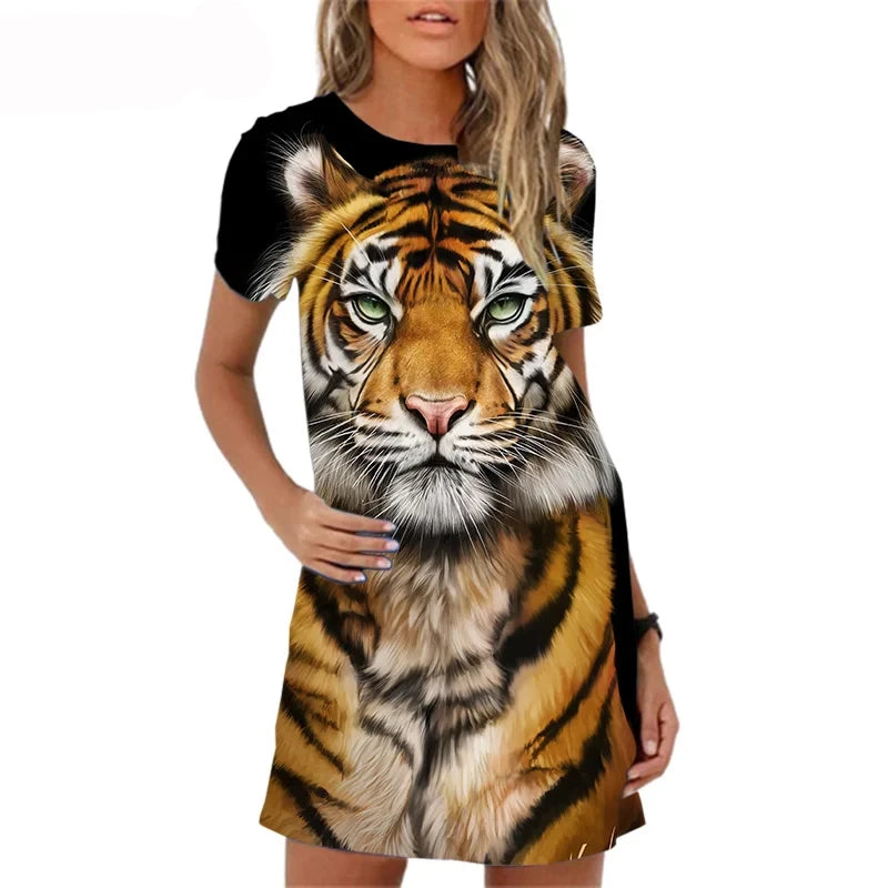 Dress with tiger print design on a black  background - Tiger Print Tunic Dress -  JBCoolCats