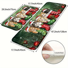 Load image into Gallery viewer, Two Christmas-themed cat mats with measurements and a close-up of a mat's thickness. Paws &amp; Stockings Christmas Cat Mat - Siz eChart - JBCoolCats