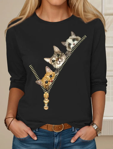 Black sweatshirt with cat zipper design worn by a person -  Ew People 3-Cat Peekaboo Long Sleeve Tee - Clothing - JBCoolCats