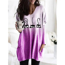Load image into Gallery viewer, Woman wearing a purple  gradient tunic with black cat designs, - Three Cat Twilight Tunic - Mystic Purr ple Haze - JBCoolCats 
