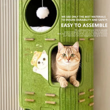 Load image into Gallery viewer, Green cat playhouse with a cat inside, featuring text about durability and assembly. Purr fect Felt Forest Tower -  Accessory - JBCoolCats