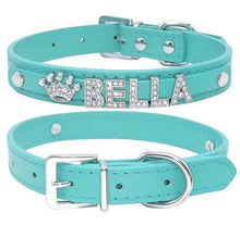 Load image into Gallery viewer, Personalized Rhinestone Leather Cat Collar - Blue - JBCoolCats