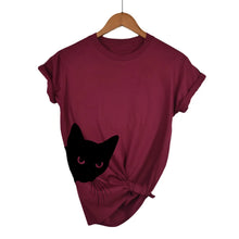 Load image into Gallery viewer, Burgandy t-shirt with a black cat graphic on a hanger against a white background - JBCoolCats