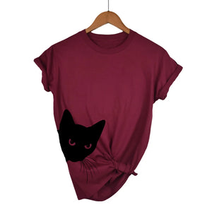 Burgandy t-shirt with a black cat graphic on a hanger against a white background - JBCoolCats