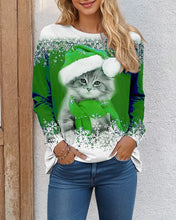 Load image into Gallery viewer, Person wearing a Green festive sweater with a cat  in Santa hat with snowflake trim. Santa Paws Cozy Chic Long Sleeve Shirt - Christmas - JBCoolCats