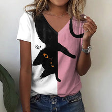 Load image into Gallery viewer, Woman wearing a two-tone shirt with an upside down black cat design - Flip the Cat T-Shirt - Cotton Candy Cat - JBCoolCats 