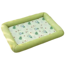 Load image into Gallery viewer, Green pet bed with a patterned cushion on a white background Cool Cat Summer Silk Retreat Bed - Cool Cucumber Green - JBCoolCats