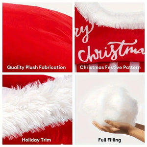 Collage of a red pillow with white text and festive trim, highlighting quality plush fabric, Christmas pattern, holiday trim, and full filling. - Feline Express Sleigh Bed - features - JBCoolCats