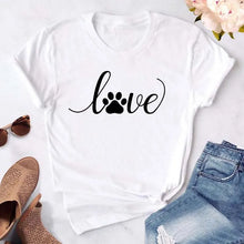 Load image into Gallery viewer, White t-shirt with &#39;love&#39; and paw print design oCute Love Paw Print T Shirt - Snowball Snuggle - JBCoolCats